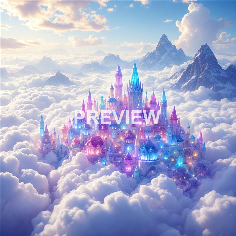 A fantastical, glowing castle with multiple spires and towers floats above a sea of clouds, with snow-capped mountains in the background under a partly cloudy sky.